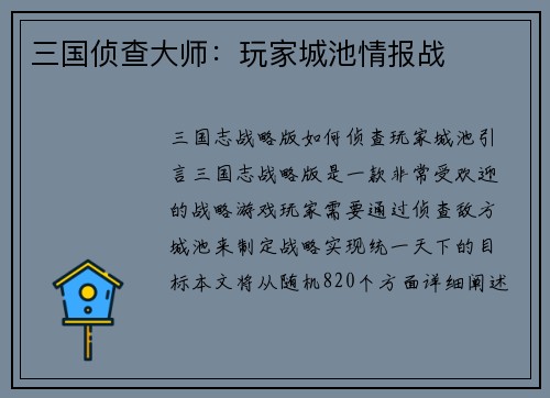 三国侦查大师：玩家城池情报战