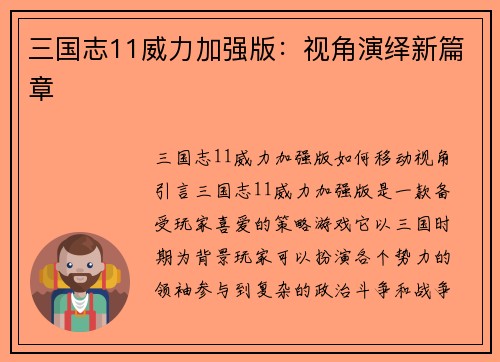 三国志11威力加强版：视角演绎新篇章