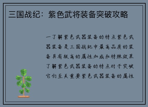 三国战纪：紫色武将装备突破攻略